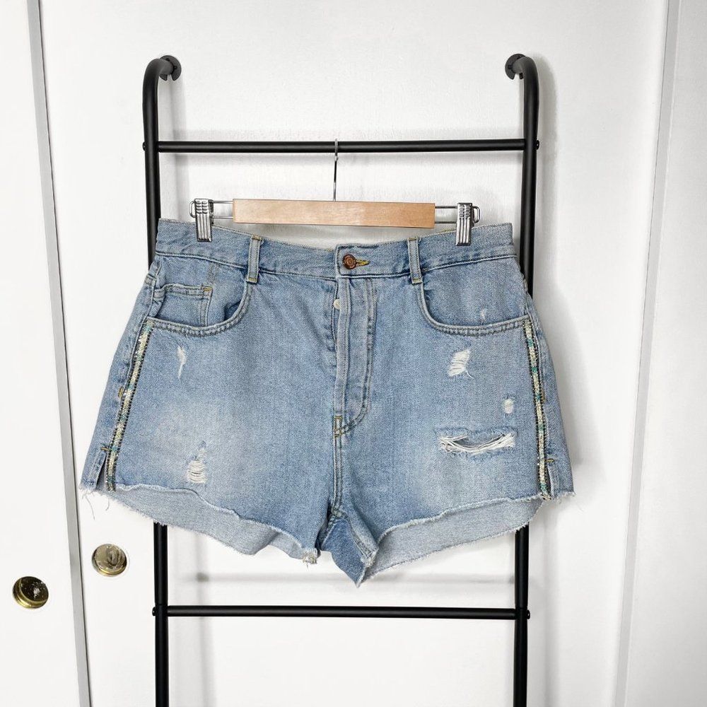 Zara Blue Denim Shorts Size 10 Rhinestone Detail Along Side